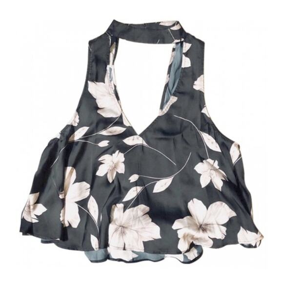 SMYM MuMu Mock Neck Casey Collar Top Black White Floral Swing Tank Blouse L - Picture 2 of 9